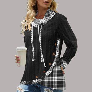 Cowl Neck Plaid Lightweight Hoodie Women's Size M